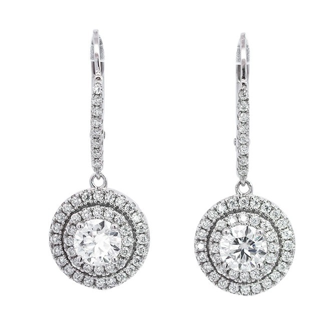 Double Halo Moissanite Leverback Drop Earrings