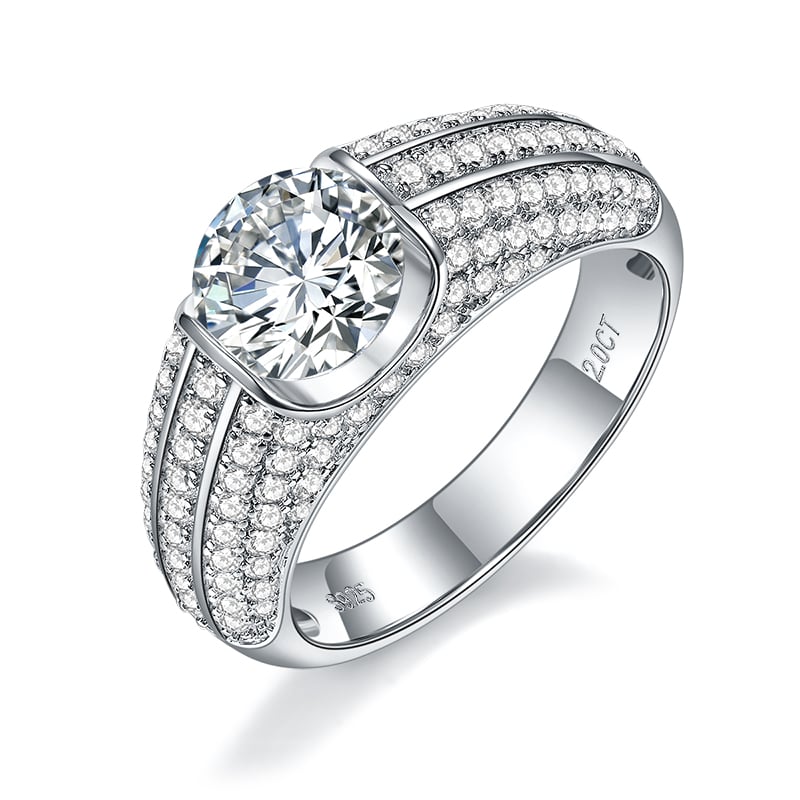 Round Moissanite Men's Half-Bezel Pave Ring