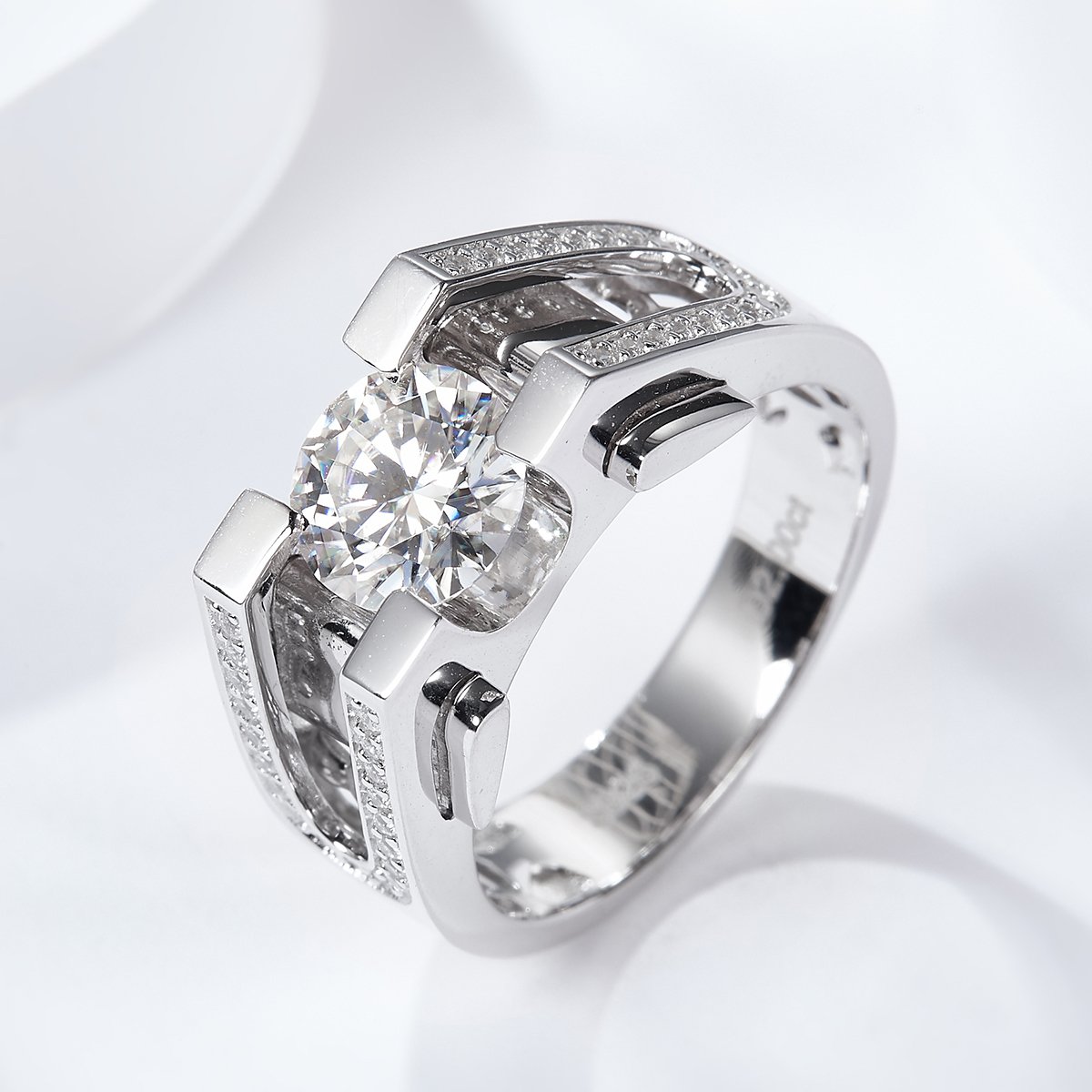 Men's Round Moissanite Statement Ring | Tension-Set Pavé Shoulders - Image 6
