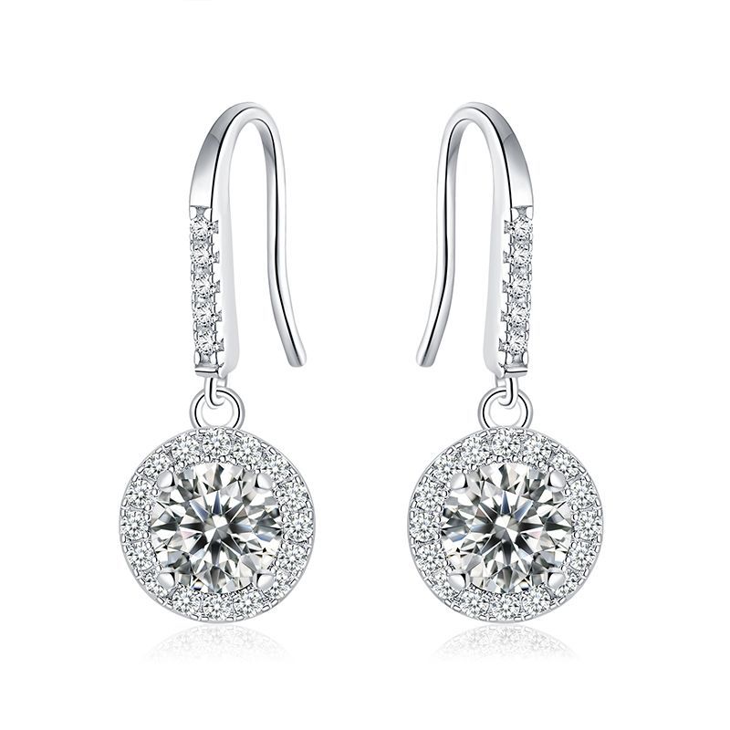Round Halo Moissanite French-Hook Drop Earrings | DEF VVS Sterling Silver