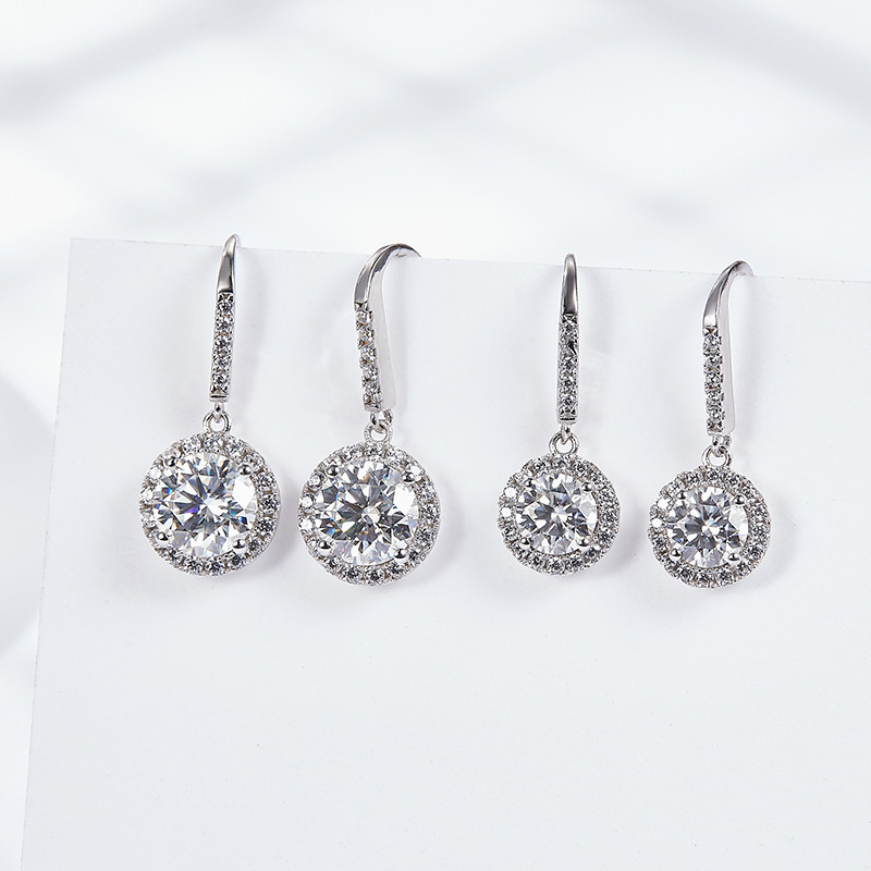 Round Halo Moissanite French-Hook Drop Earrings | DEF VVS Sterling Silver - alternate view