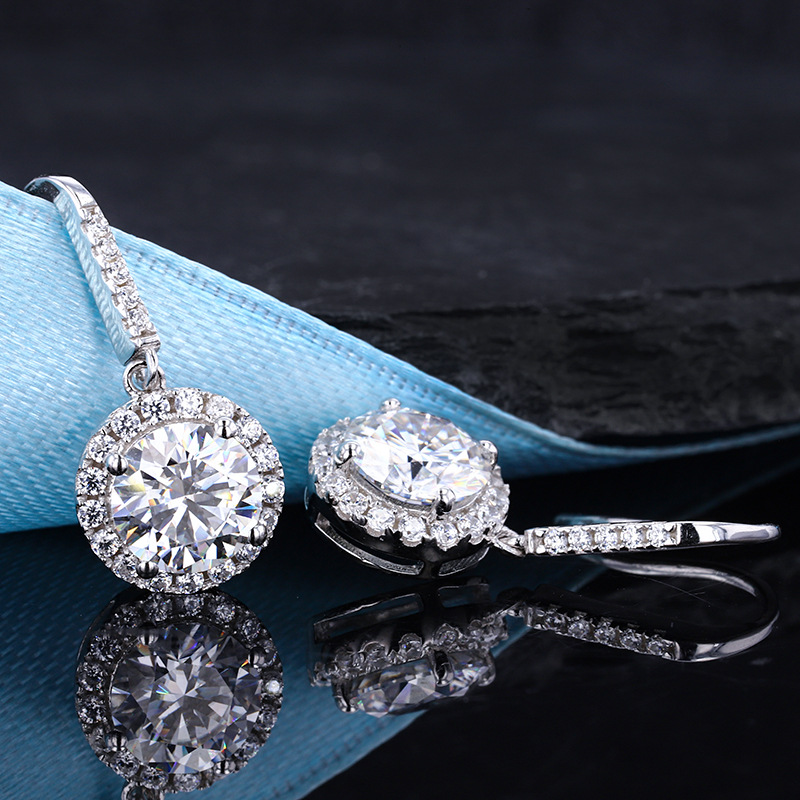 Round Halo Moissanite French-Hook Drop Earrings | DEF VVS Sterling Silver - Image 3