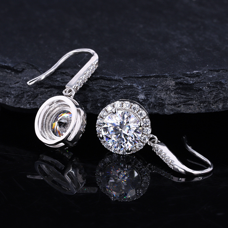 Round Halo Moissanite French-Hook Drop Earrings | DEF VVS Sterling Silver - Image 4