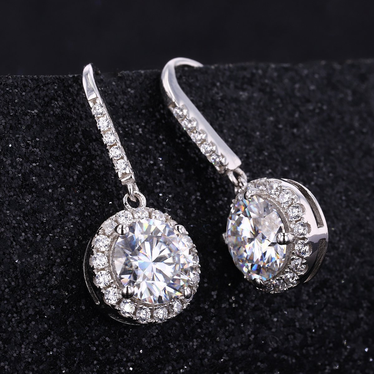 Round Halo Moissanite French-Hook Drop Earrings | DEF VVS Sterling Silver - Image 5