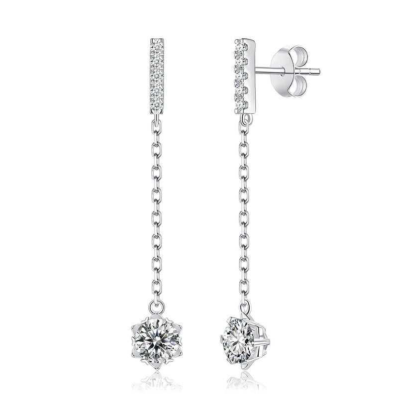 Solitaire Chain-Drop Moissanite Earrings | 1ct Round Six-Prong Pave-Bar Drops