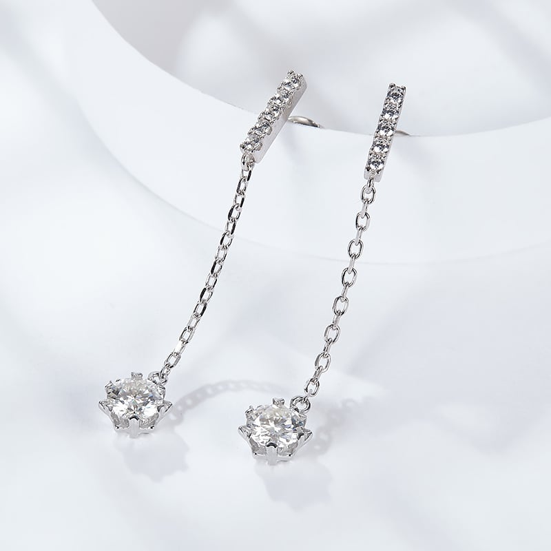 Solitaire Chain-Drop Moissanite Earrings | 1ct Round Six-Prong Pave-Bar Drops - alternate view