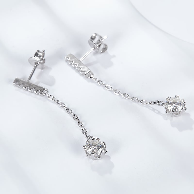 Solitaire Chain-Drop Moissanite Earrings | 1ct Round Six-Prong Pave-Bar Drops - Image 3