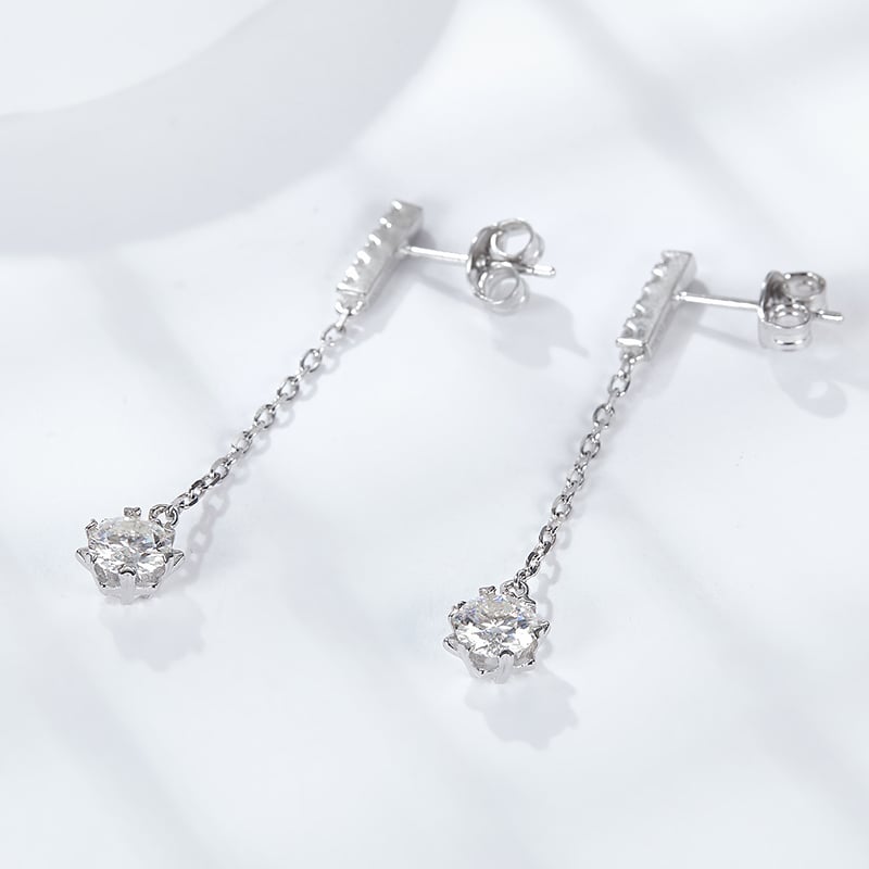 Solitaire Chain-Drop Moissanite Earrings | 1ct Round Six-Prong Pave-Bar Drops - Image 4
