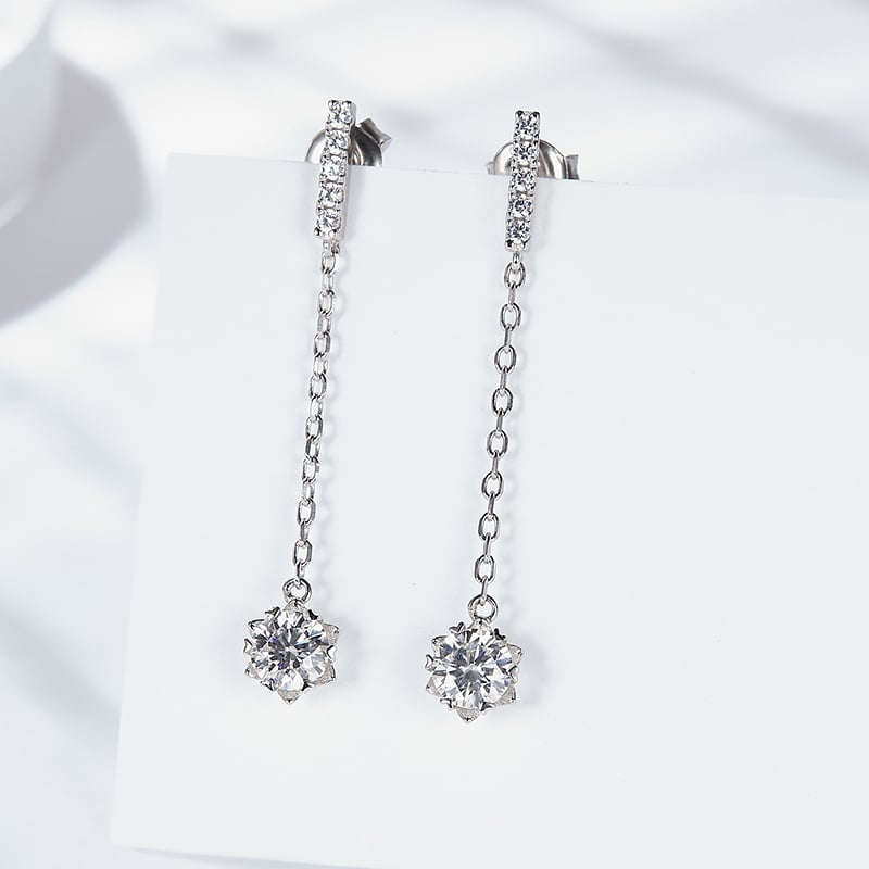 Solitaire Chain-Drop Moissanite Earrings | 1ct Round Six-Prong Pave-Bar Drops - Image 5