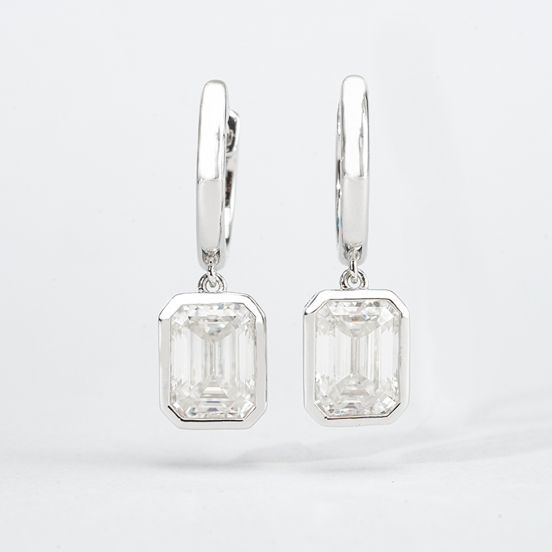 Emerald-Cut Bezel Moissanite Huggie Drop Earrings - Image 3