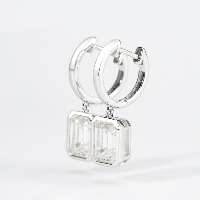 Emerald-Cut Bezel Moissanite Huggie Drop Earrings - Image 5