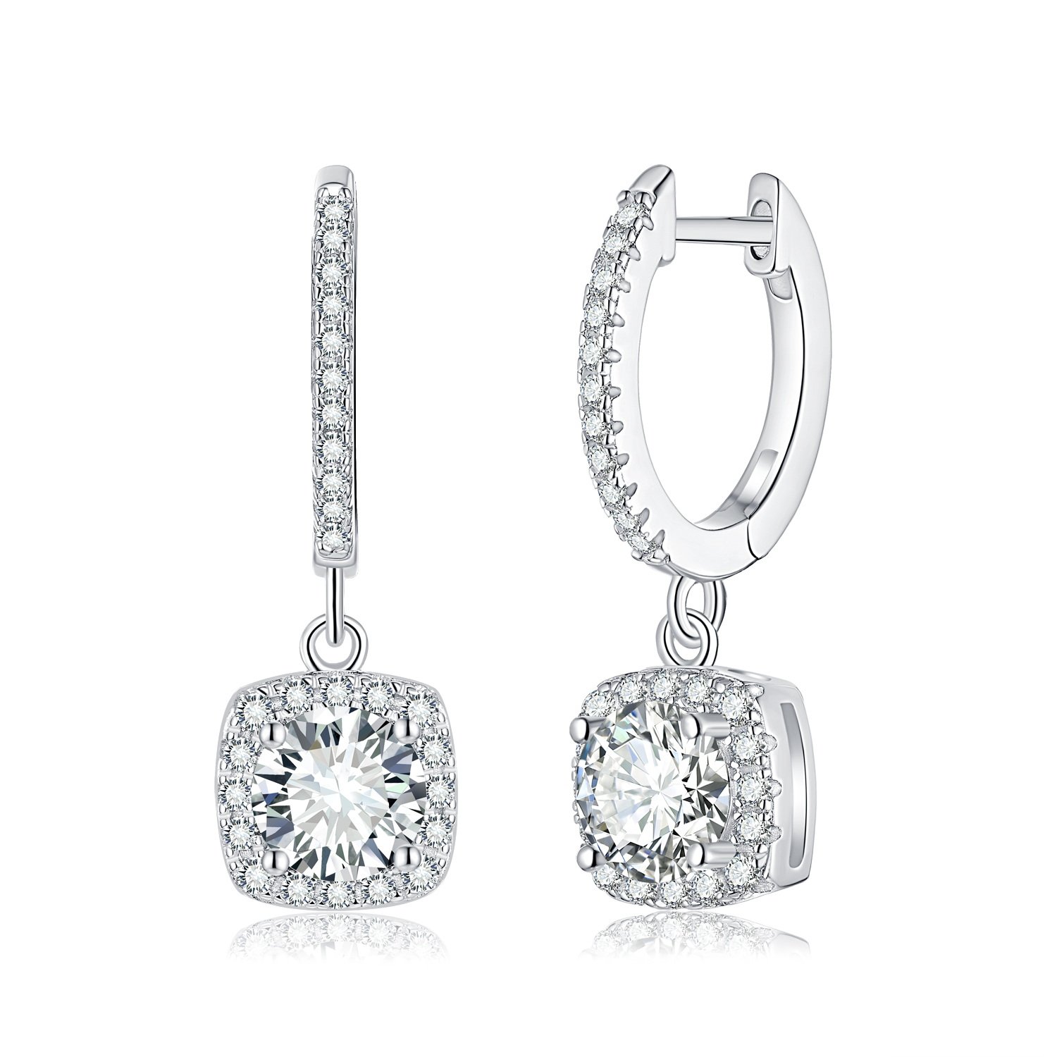 Cushion Halo Moissanite Drop Earrings | Round Cut Pave Huggie Drops