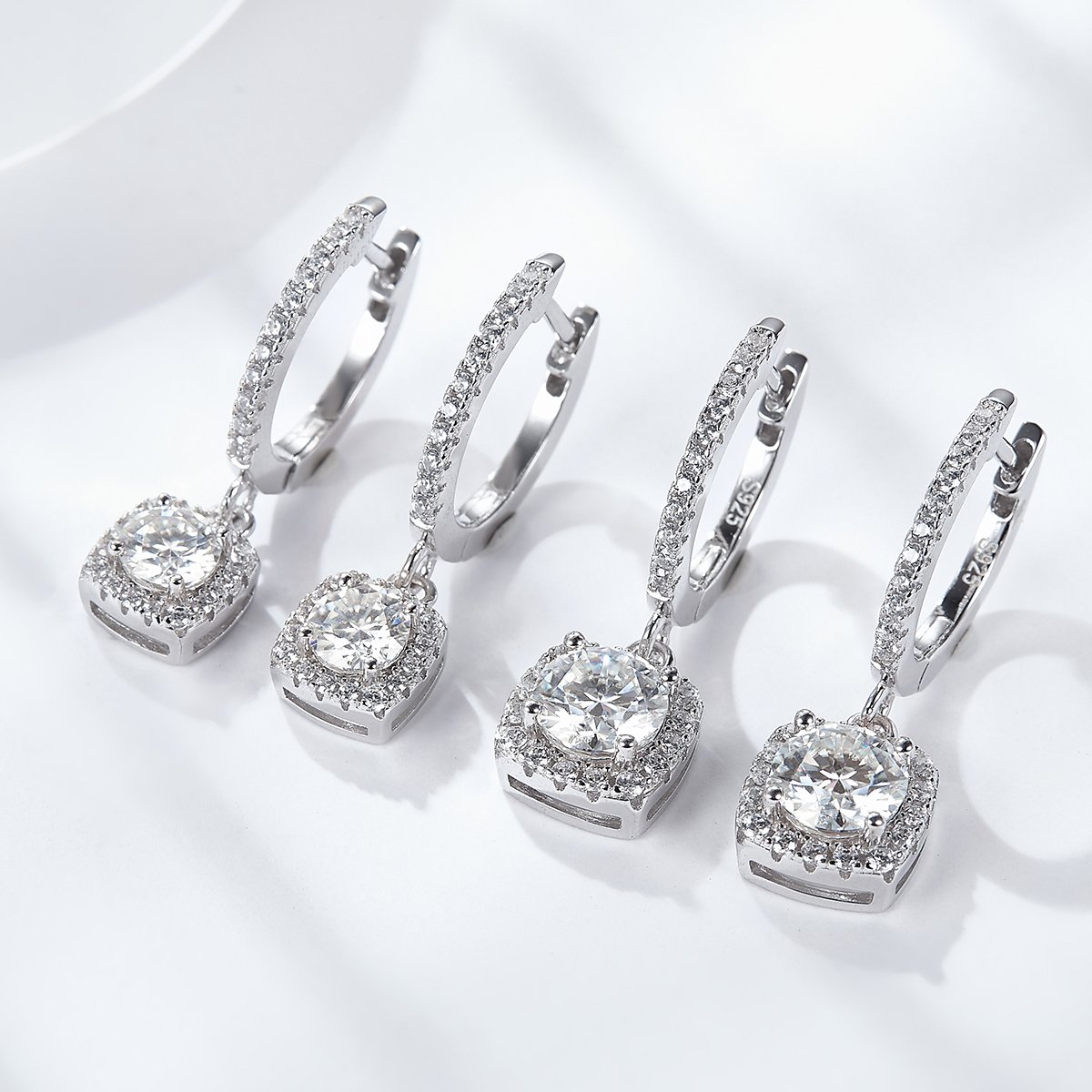 Cushion Halo Moissanite Drop Earrings | Round Cut Pave Huggie Drops - alternate view