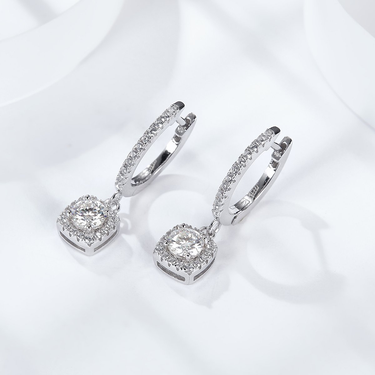 Cushion Halo Moissanite Drop Earrings | Round Cut Pave Huggie Drops - Image 3
