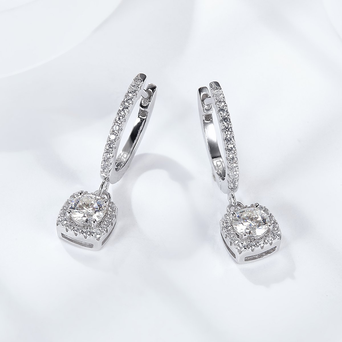Cushion Halo Moissanite Drop Earrings | Round Cut Pave Huggie Drops - Image 4