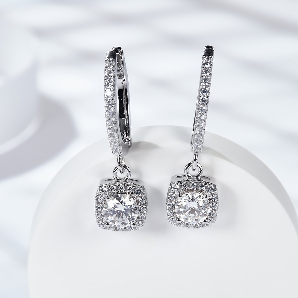 Cushion Halo Moissanite Drop Earrings | Round Cut Pave Huggie Drops - Image 5