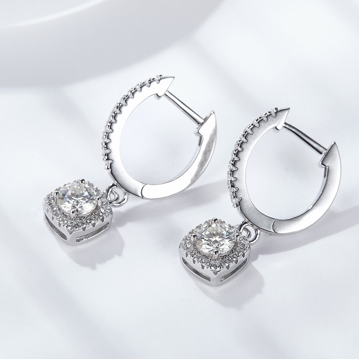 Cushion Halo Moissanite Drop Earrings | Round Cut Pave Huggie Drops - Image 6