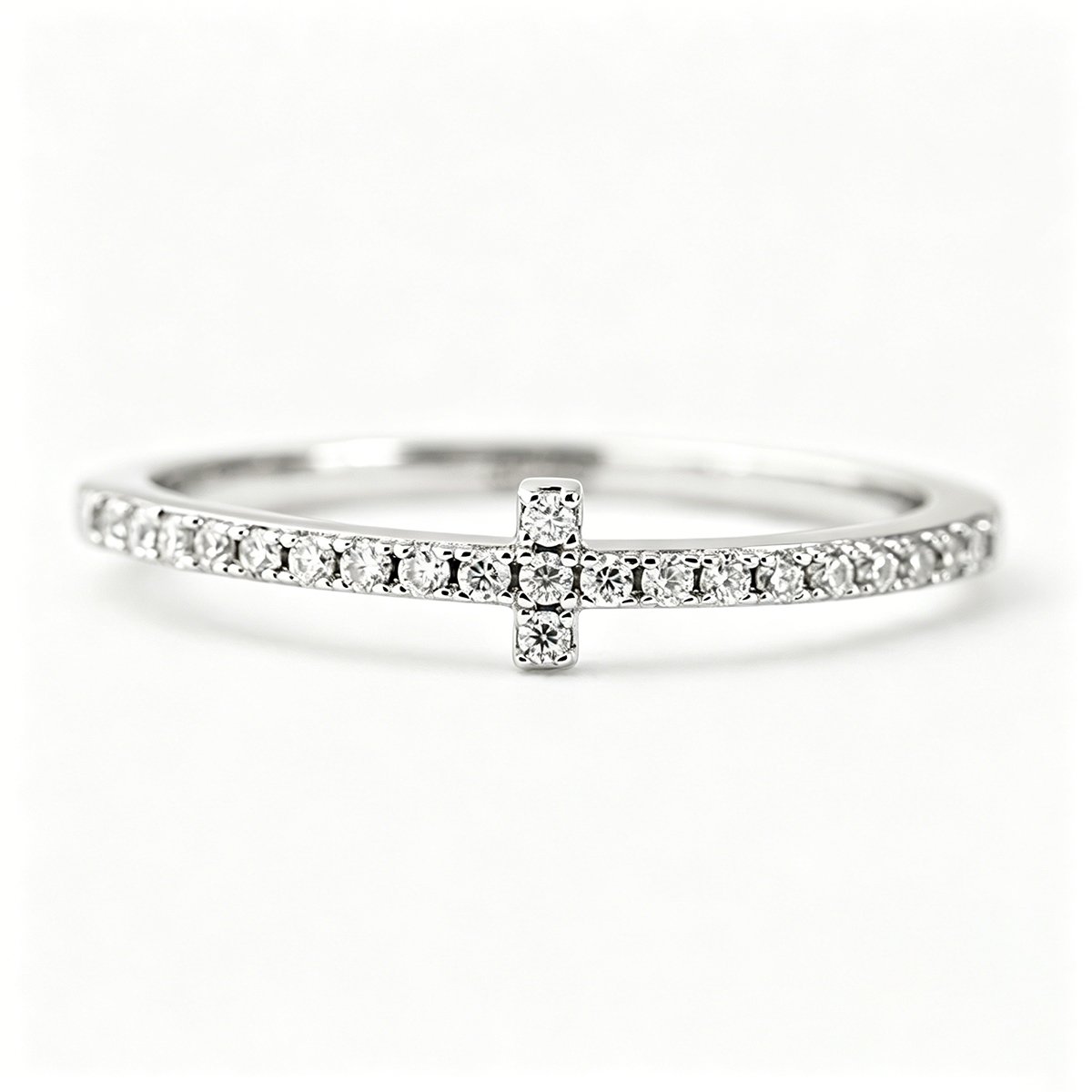 Dainty Sideways Cross Pave Moissanite Ring | Faith Stacking Band