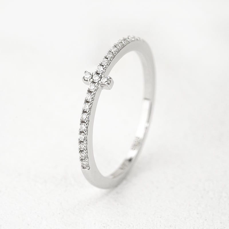 Dainty Sideways Cross Pave Moissanite Ring | Faith Stacking Band - Image 2
