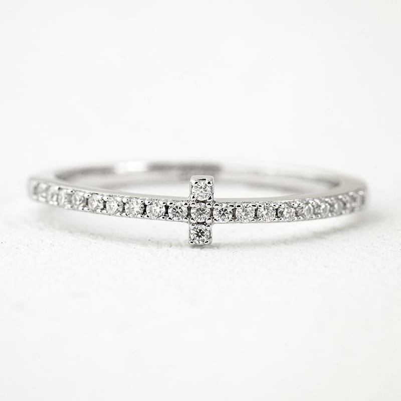 Dainty Sideways Cross Pave Moissanite Ring | Faith Stacking Band - Image 3