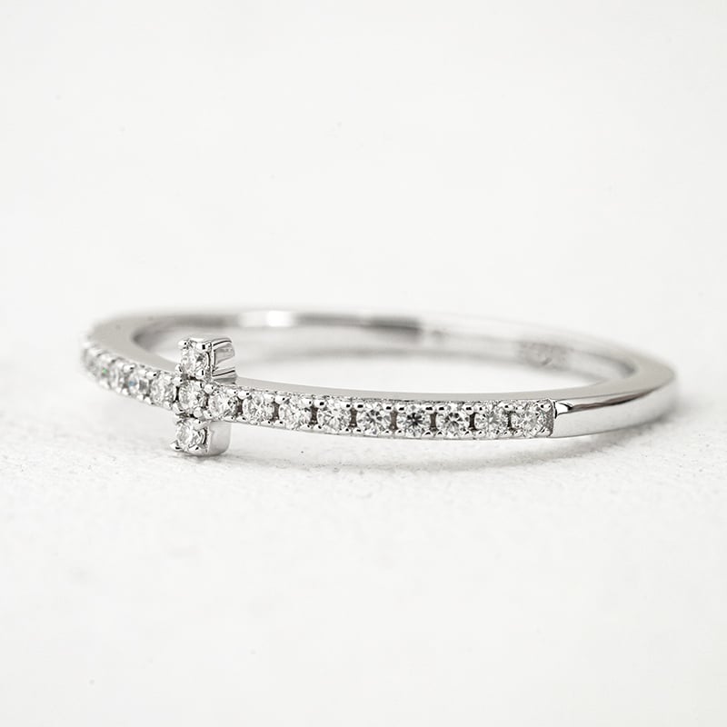 Dainty Sideways Cross Pave Moissanite Ring | Faith Stacking Band - Image 4