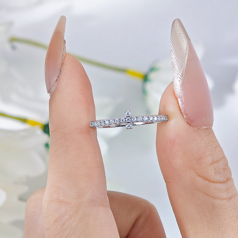 Dainty Sideways Cross Pave Moissanite Ring | Faith Stacking Band - Image 7