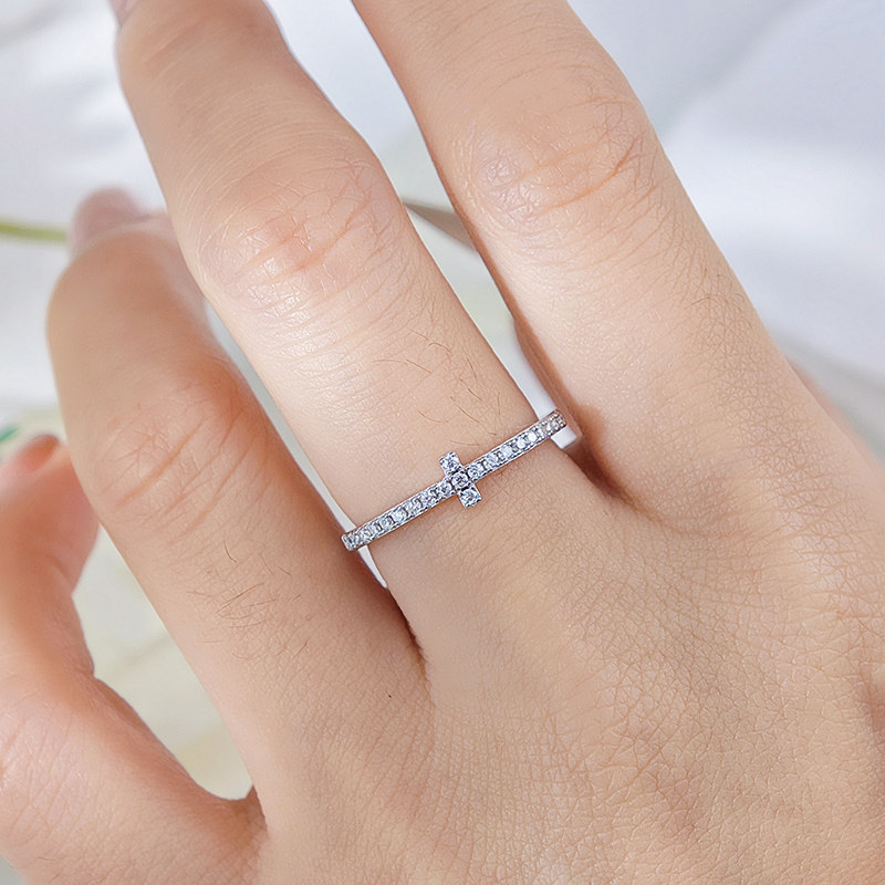 Dainty Sideways Cross Pave Moissanite Ring | Faith Stacking Band - Image 8