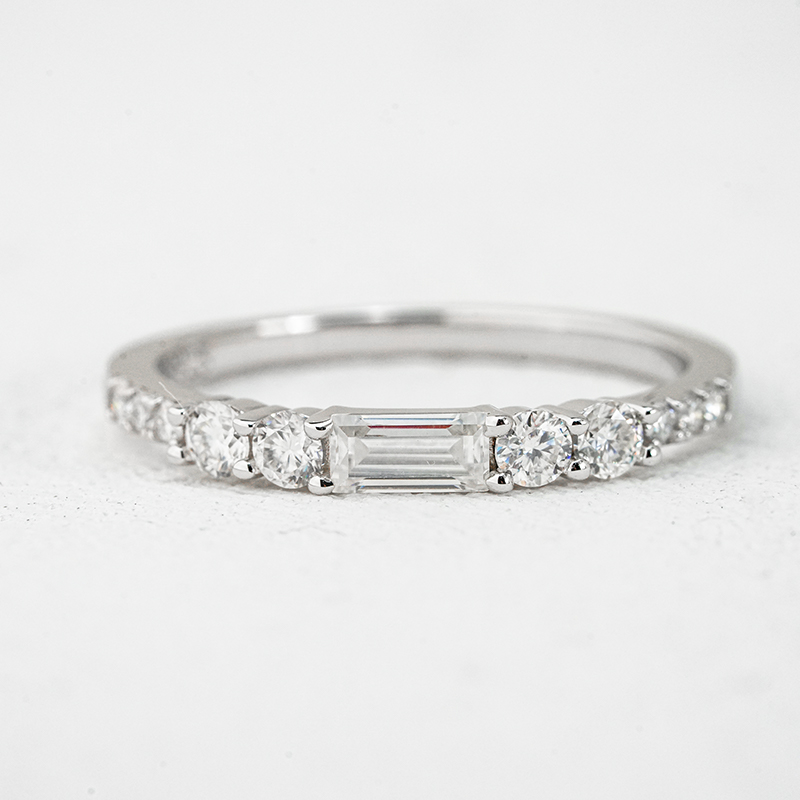 Baguette & Round Moissanite Stackable Band Ring | East-West Pave Half-Eternity - Image 2