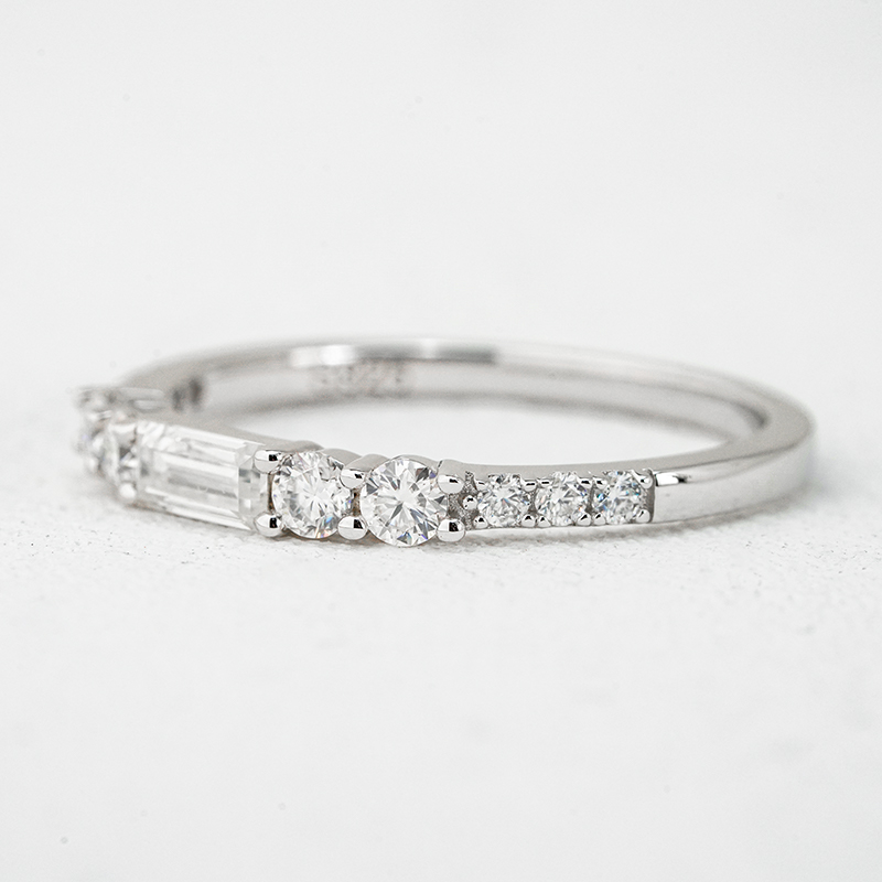 Baguette & Round Moissanite Stackable Band Ring | East-West Pave Half-Eternity - Image 3