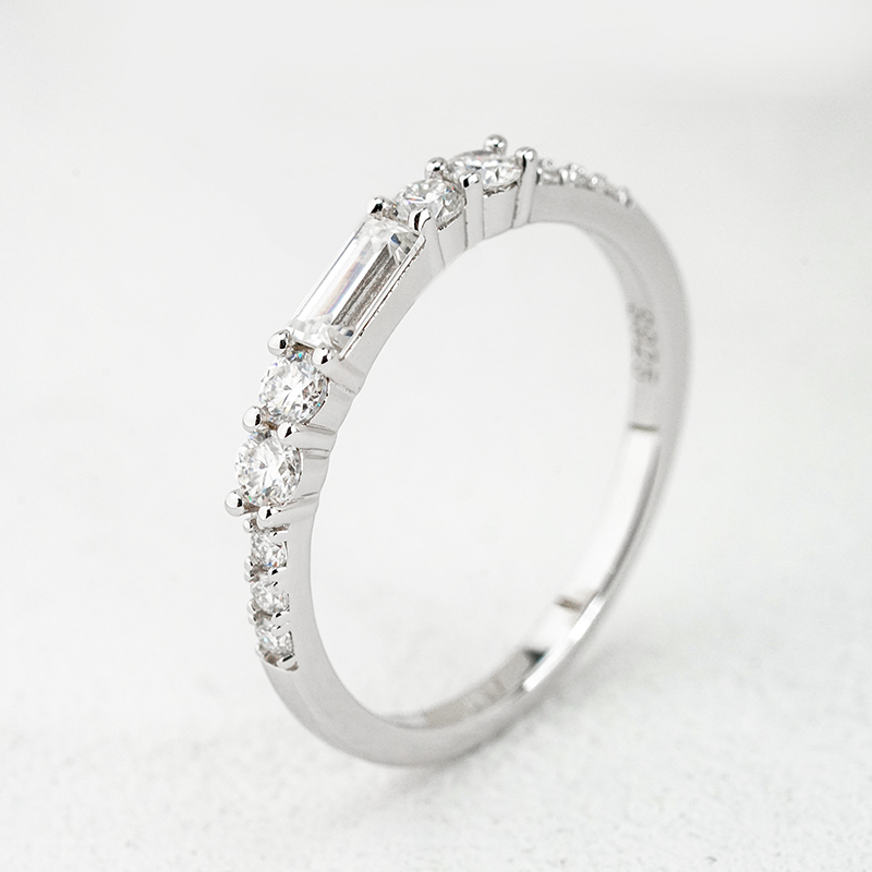 Baguette & Round Moissanite Stackable Band Ring | East-West Pave Half-Eternity - Image 5