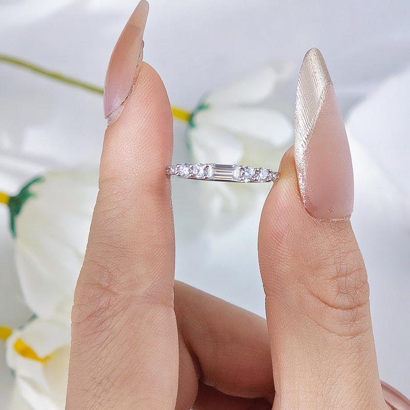 Baguette & Round Moissanite Stackable Band Ring | East-West Pave Half-Eternity - Image 7