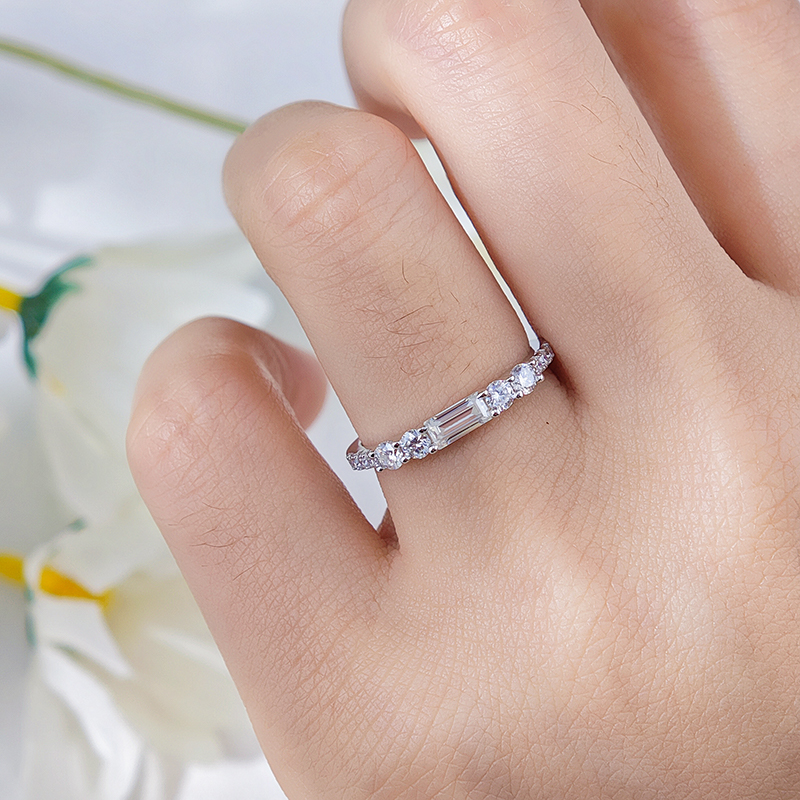 Baguette & Round Moissanite Stackable Band Ring | East-West Pave Half-Eternity - Image 8