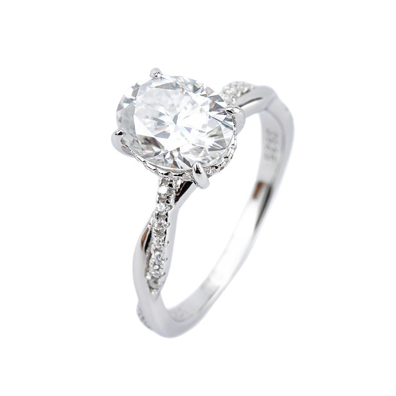 Oval Moissanite Twisted-Vine Solitaire Ring | 2.0ct DEW | Pave Band - Image 2