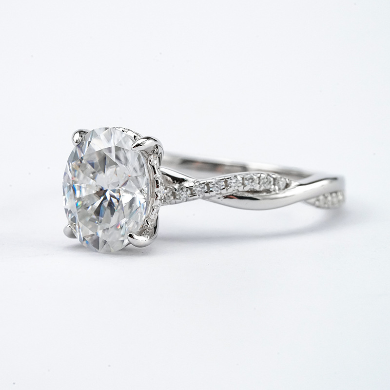 Oval Moissanite Twisted-Vine Solitaire Ring | 2.0ct DEW | Pave Band - Image 3