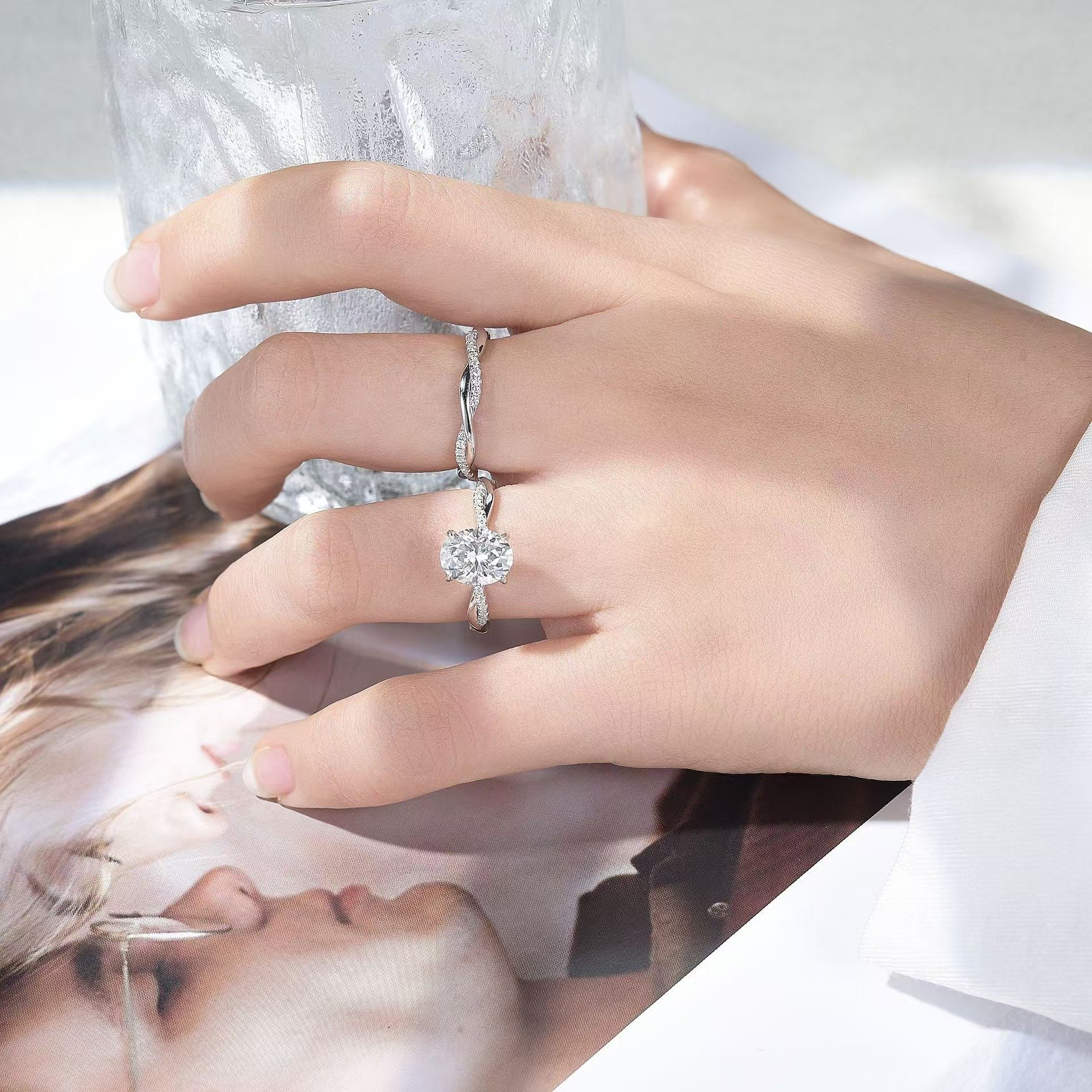 Oval Moissanite Twisted-Vine Solitaire Ring | 2.0ct DEW | Pave Band - Image 4