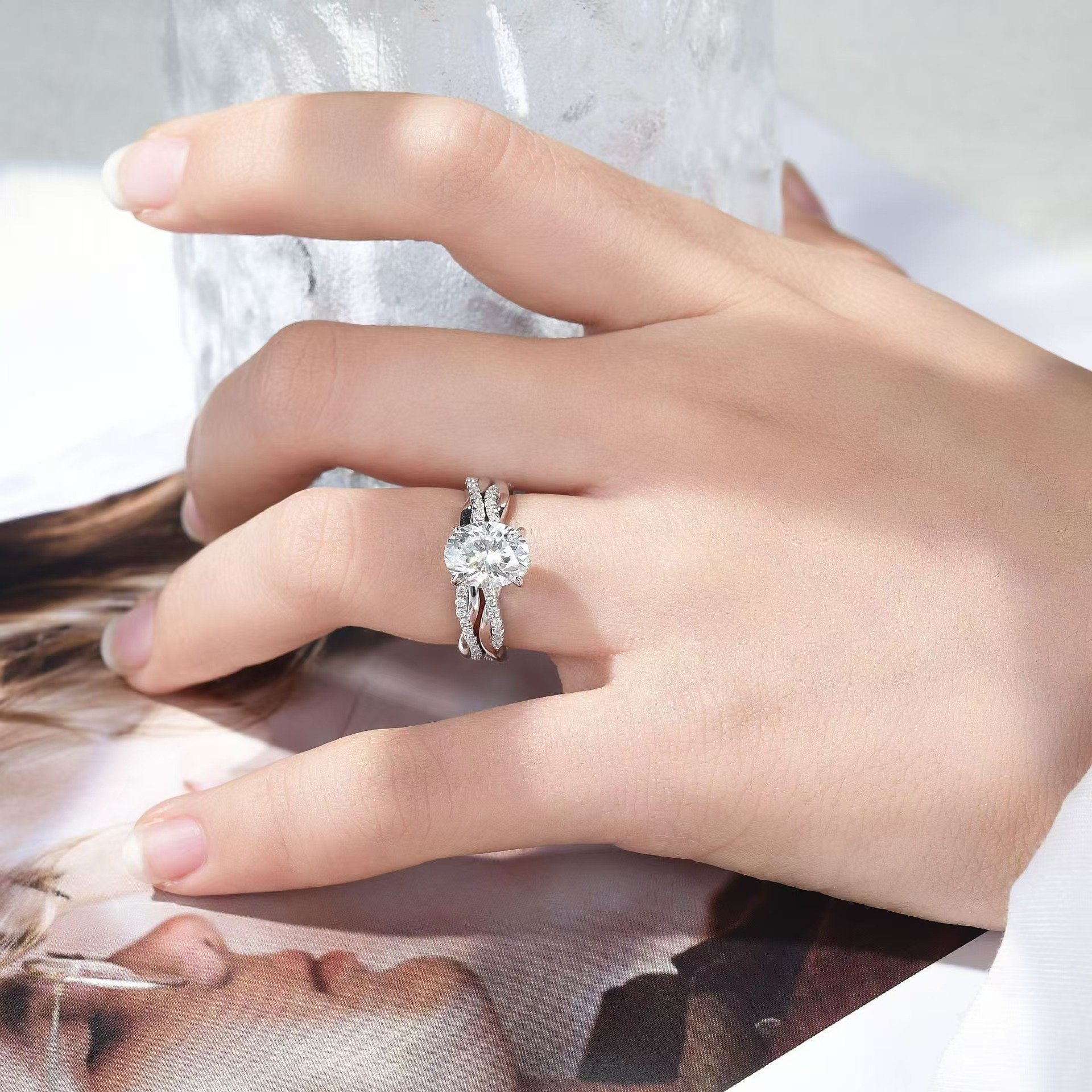 Oval Moissanite Twisted-Vine Solitaire Ring | 2.0ct DEW | Pave Band - Image 5