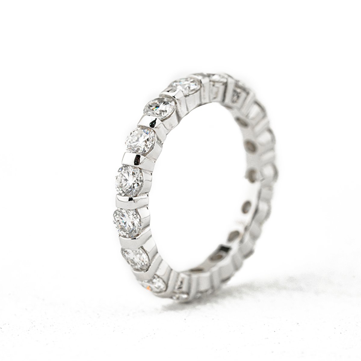 Round Bar-Set Moissanite Eternity Band | D-E-F VVS, 18K White Gold Plated Silver
