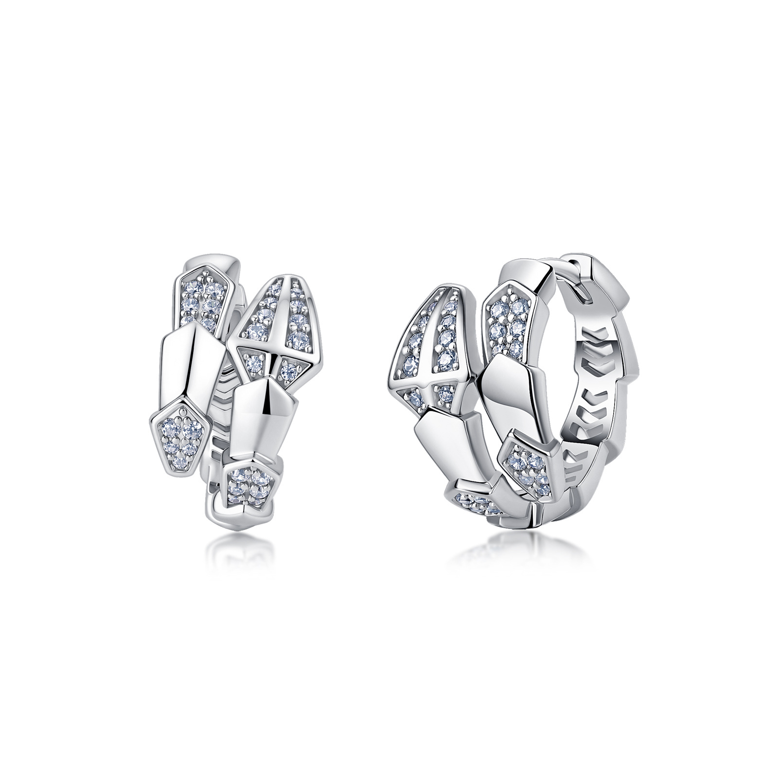Serpent Scale Moissanite Huggie Earrings | Pave Snake Hoops in 925 Silver