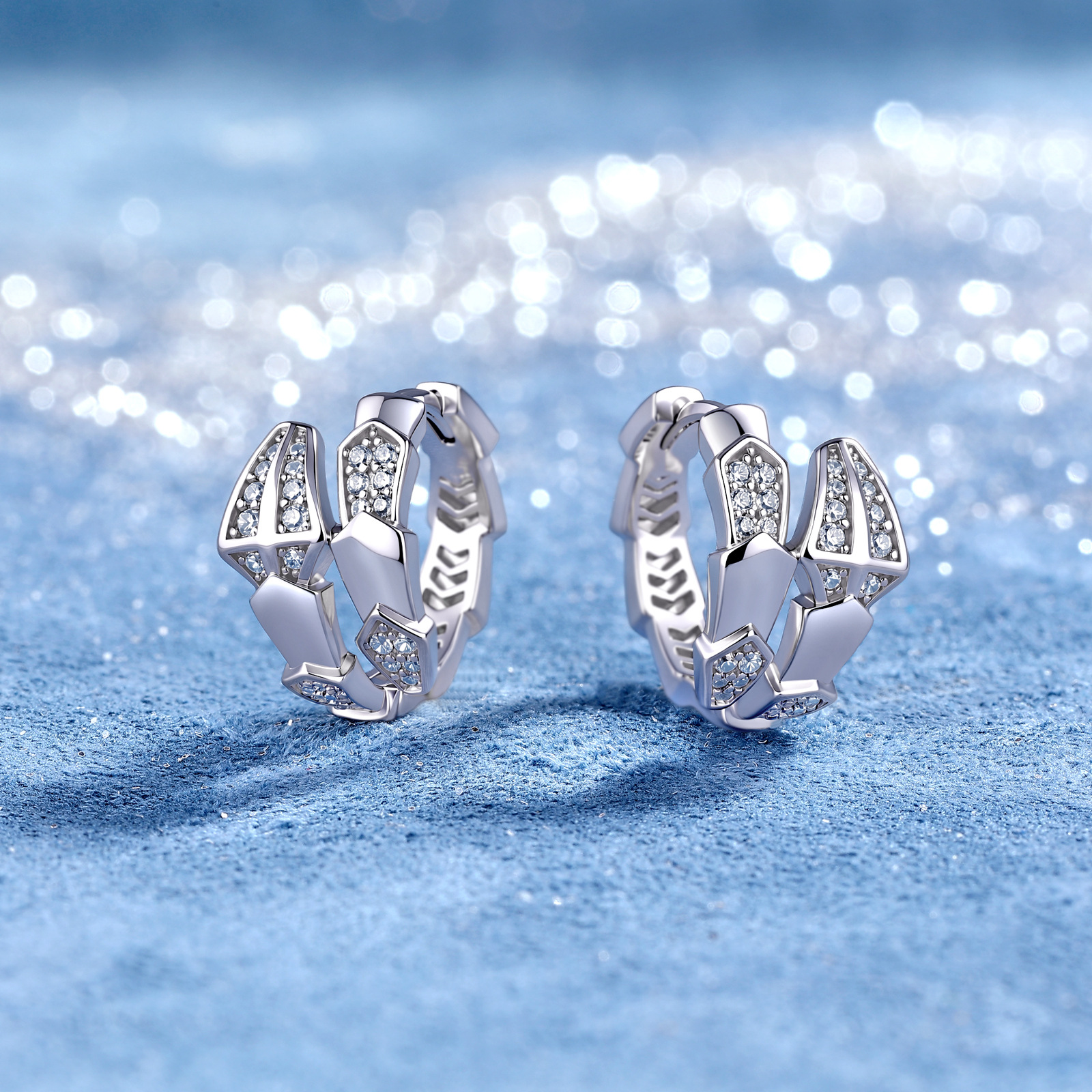 Serpent Scale Moissanite Huggie Earrings | Pave Snake Hoops in 925 Silver - Image 3