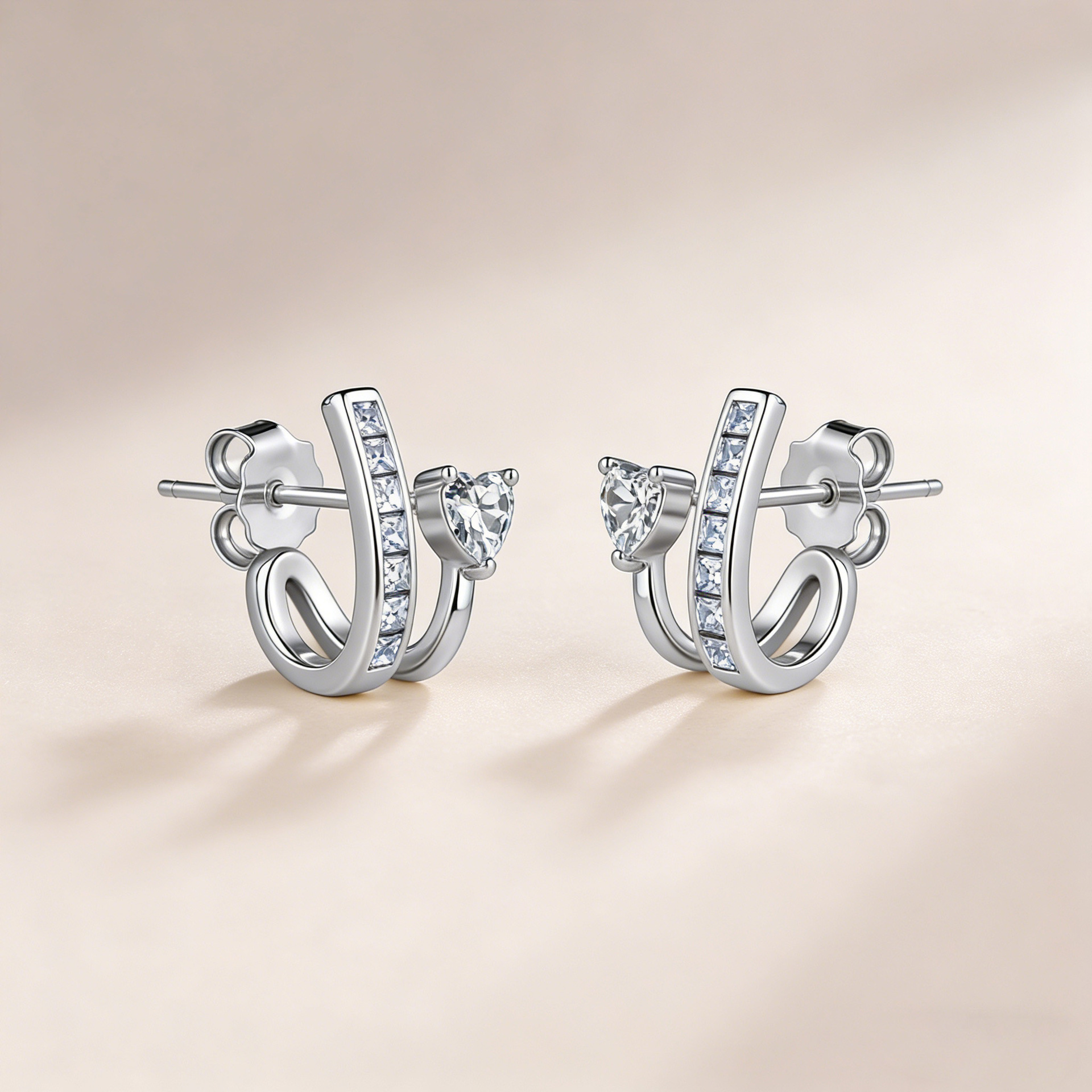 Heart Moissanite Spiral Rail Stud Earrings - Image 3