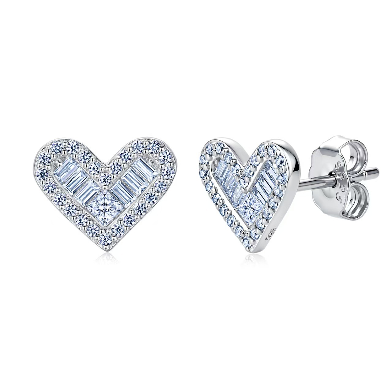 Baguette Cluster Moissanite Heart Stud Earrings