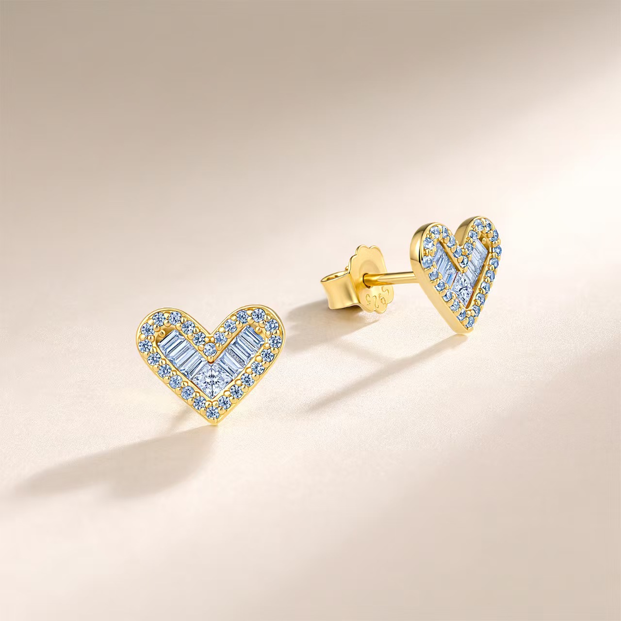 Baguette Cluster Moissanite Heart Stud Earrings - Image 3