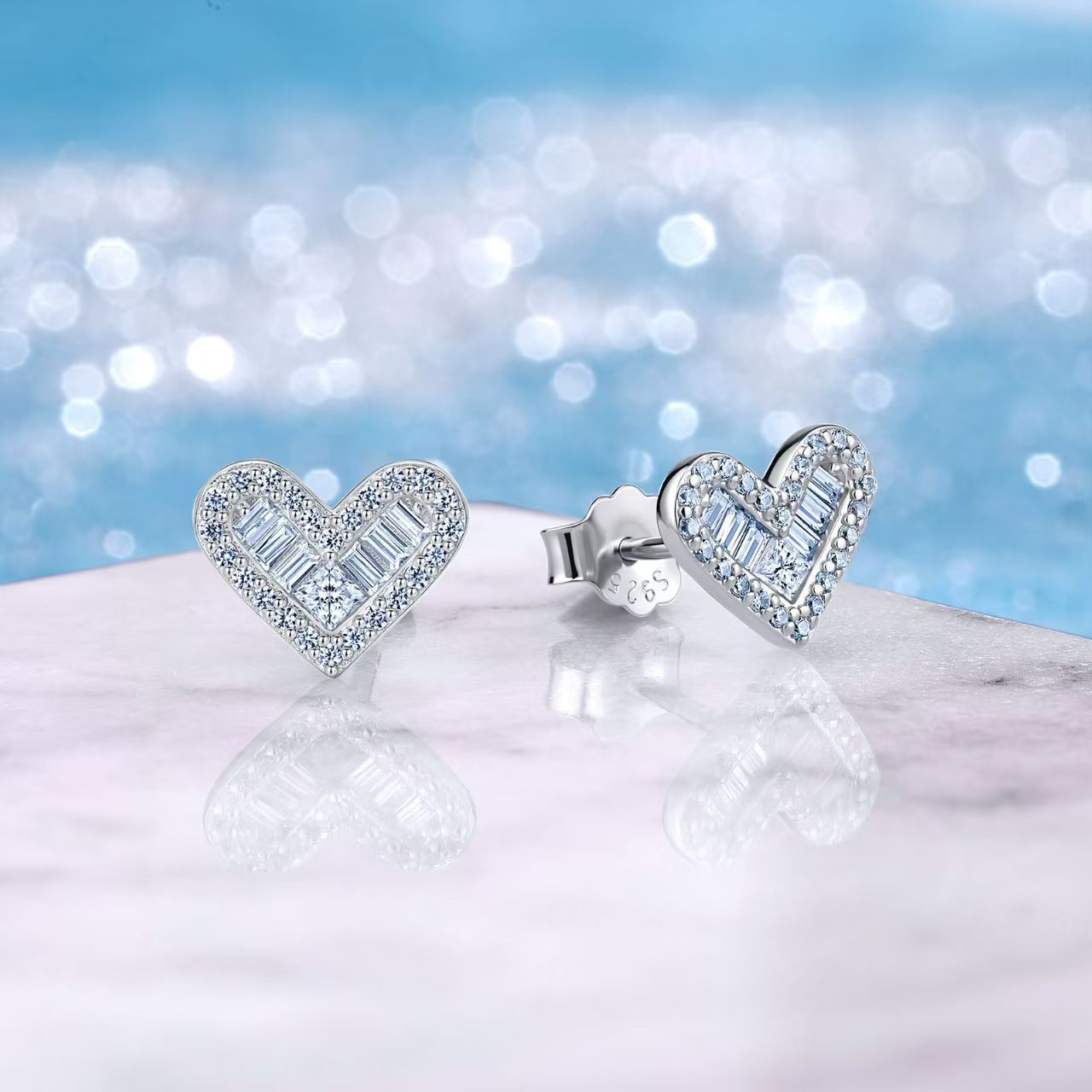 Baguette Cluster Moissanite Heart Stud Earrings - Image 4