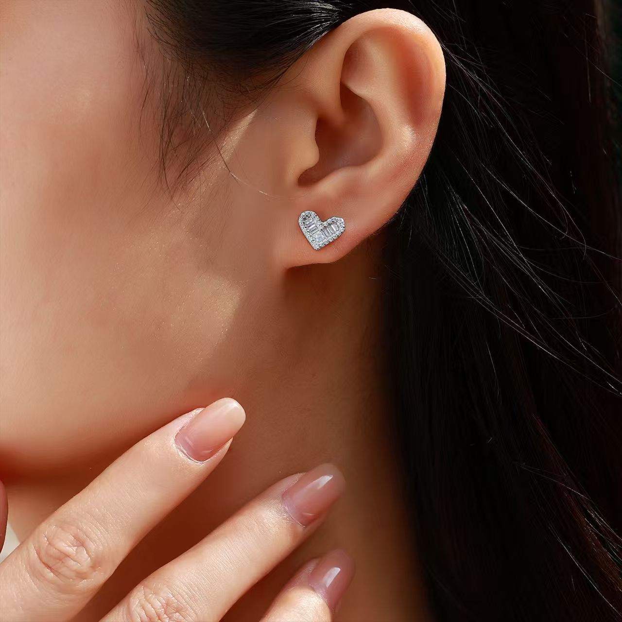 Baguette Cluster Moissanite Heart Stud Earrings - Image 5
