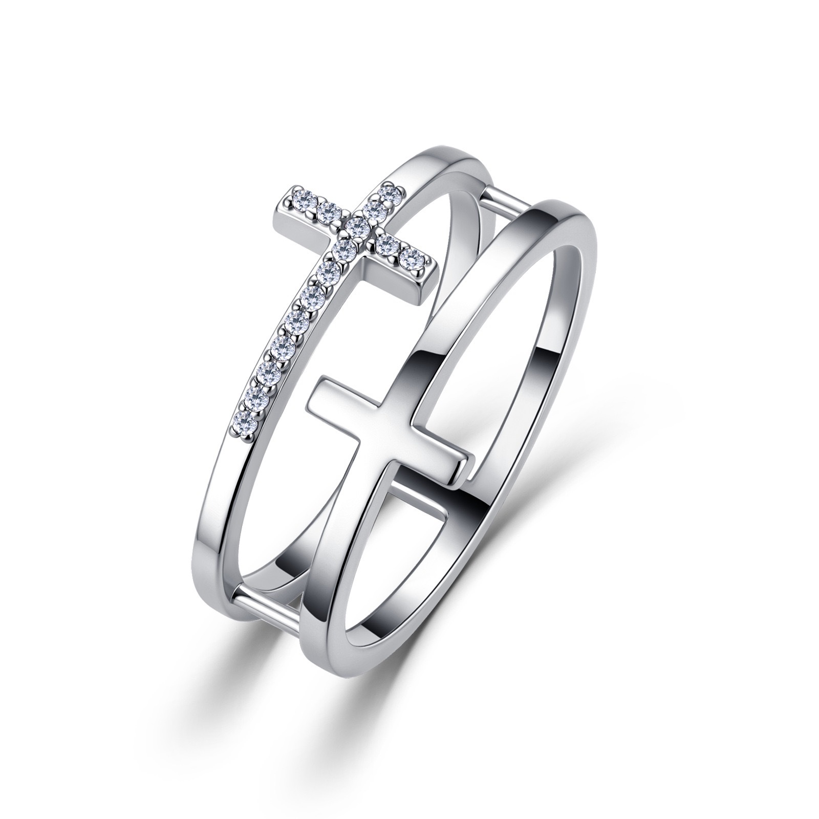 Double Cross Pavé Moissanite Band Ring | Faith Twin-Band | DEF VVS