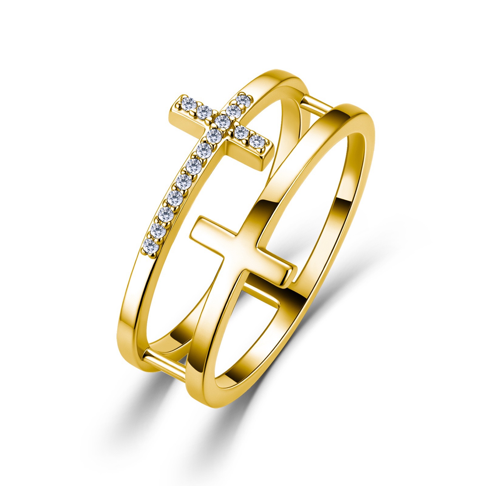 Double Cross Pavé Moissanite Band Ring | Faith Twin-Band | DEF VVS - alternate view