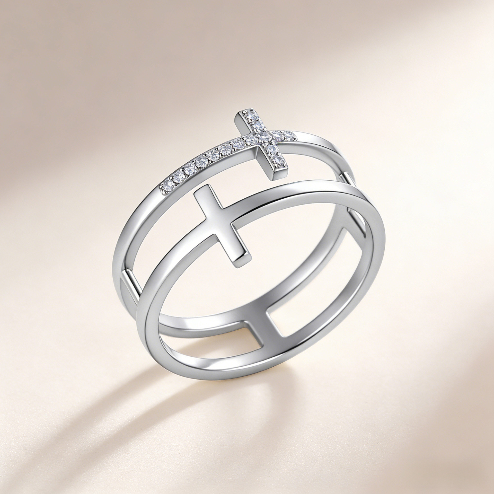 Double Cross Pavé Moissanite Band Ring | Faith Twin-Band | DEF VVS - Image 3