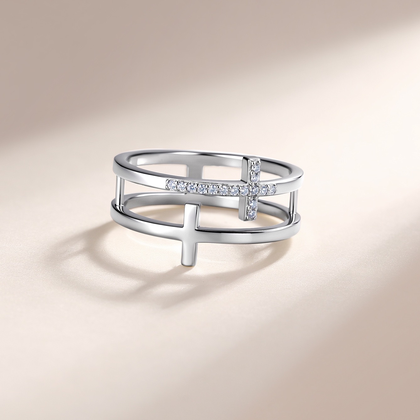 Double Cross Pavé Moissanite Band Ring | Faith Twin-Band | DEF VVS - Image 4