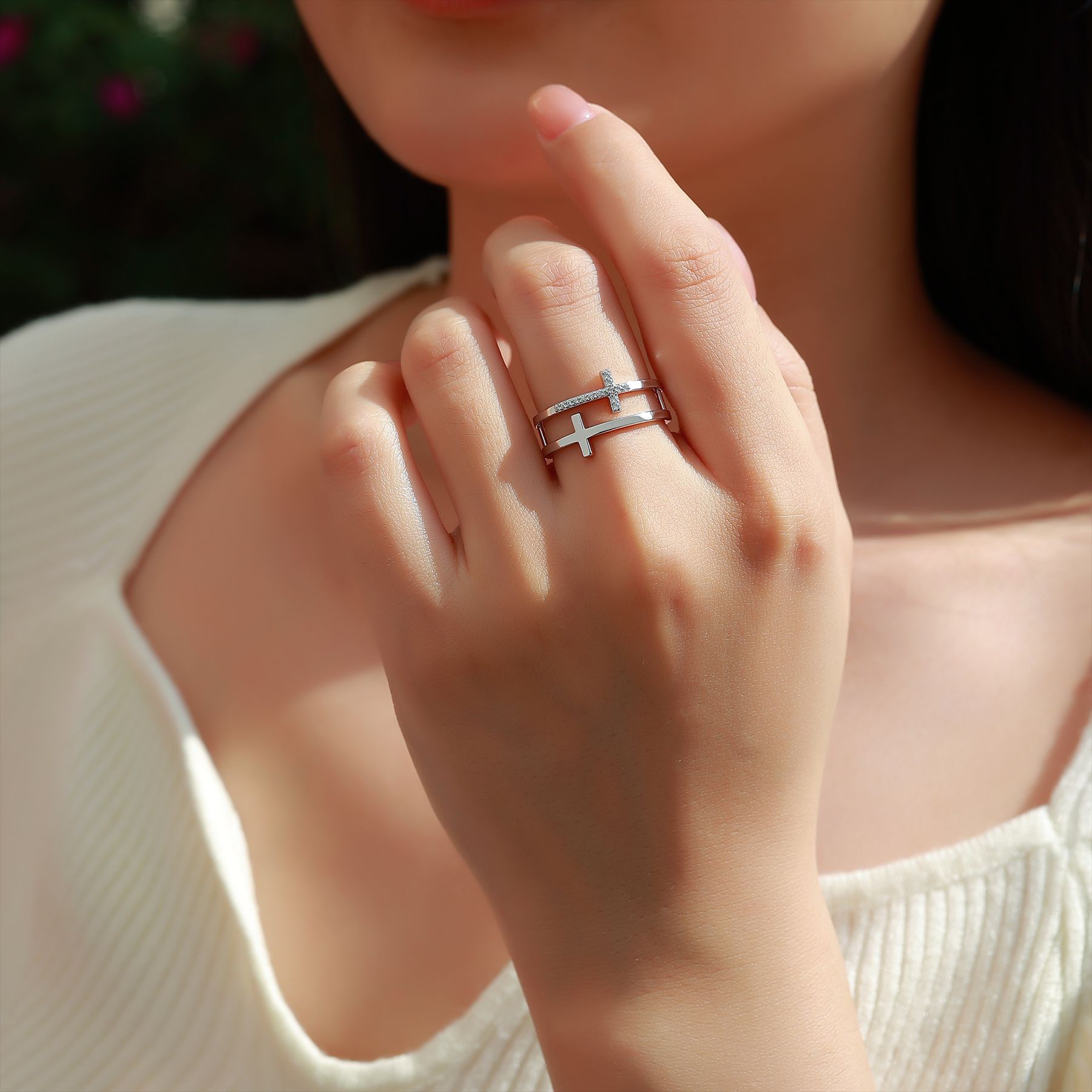 Double Cross Pavé Moissanite Band Ring | Faith Twin-Band | DEF VVS - Image 5