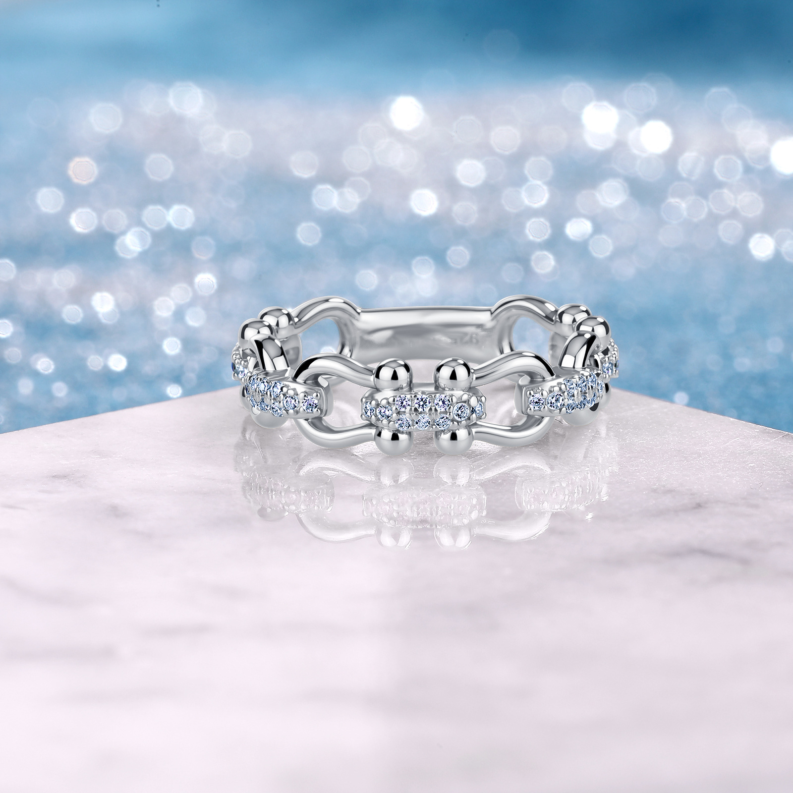 Moissanite Pavé Horseshoe Link Band Ring | Hardware Chain Stacker - Image 3